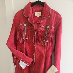 SCULLY red suede leather fringed 3/4 length coat Large
